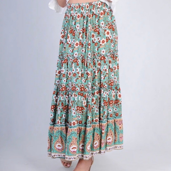 JAR OF HEARTS Boho Lover Aqua Turquoise Floral High Waisted Tiered Maxi Skirt - Picture 11 of 16